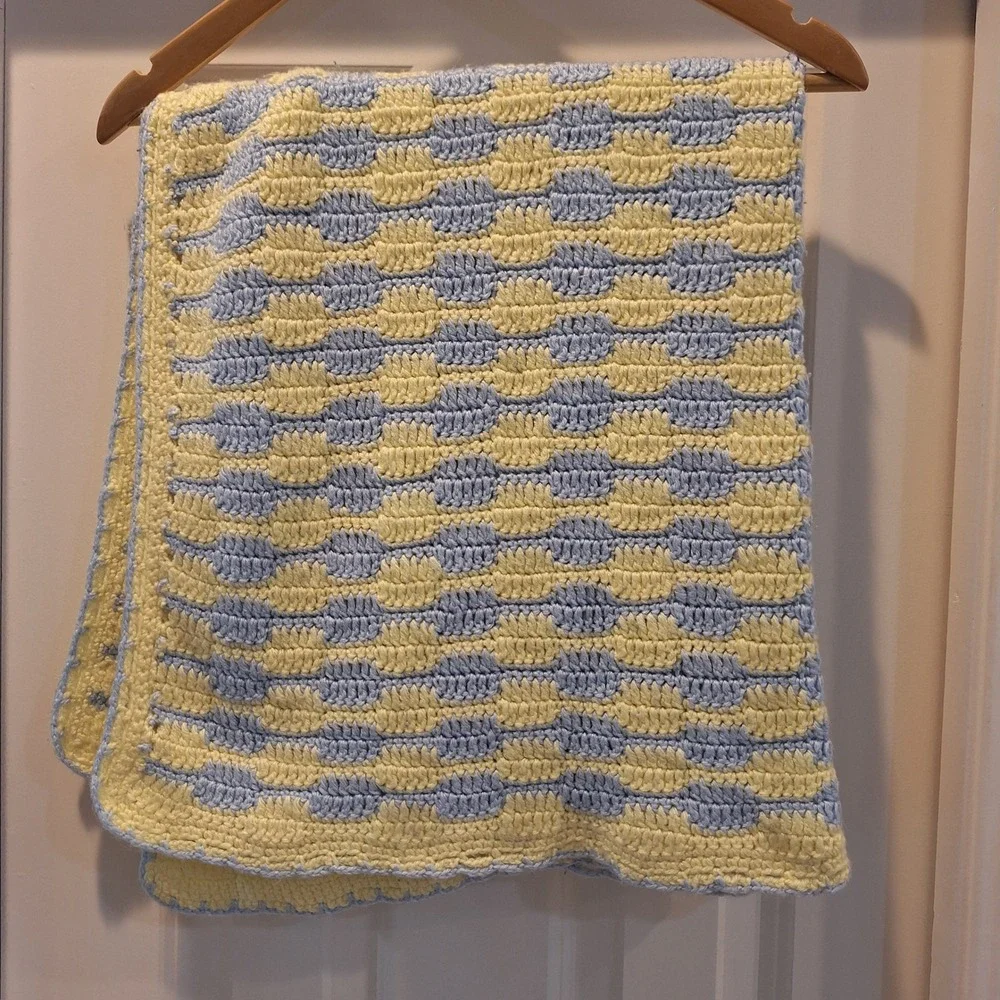 Handmade Crochet Baby Blanket 34x34 Yellow Blue ShellPattern Nursery Cottagecore